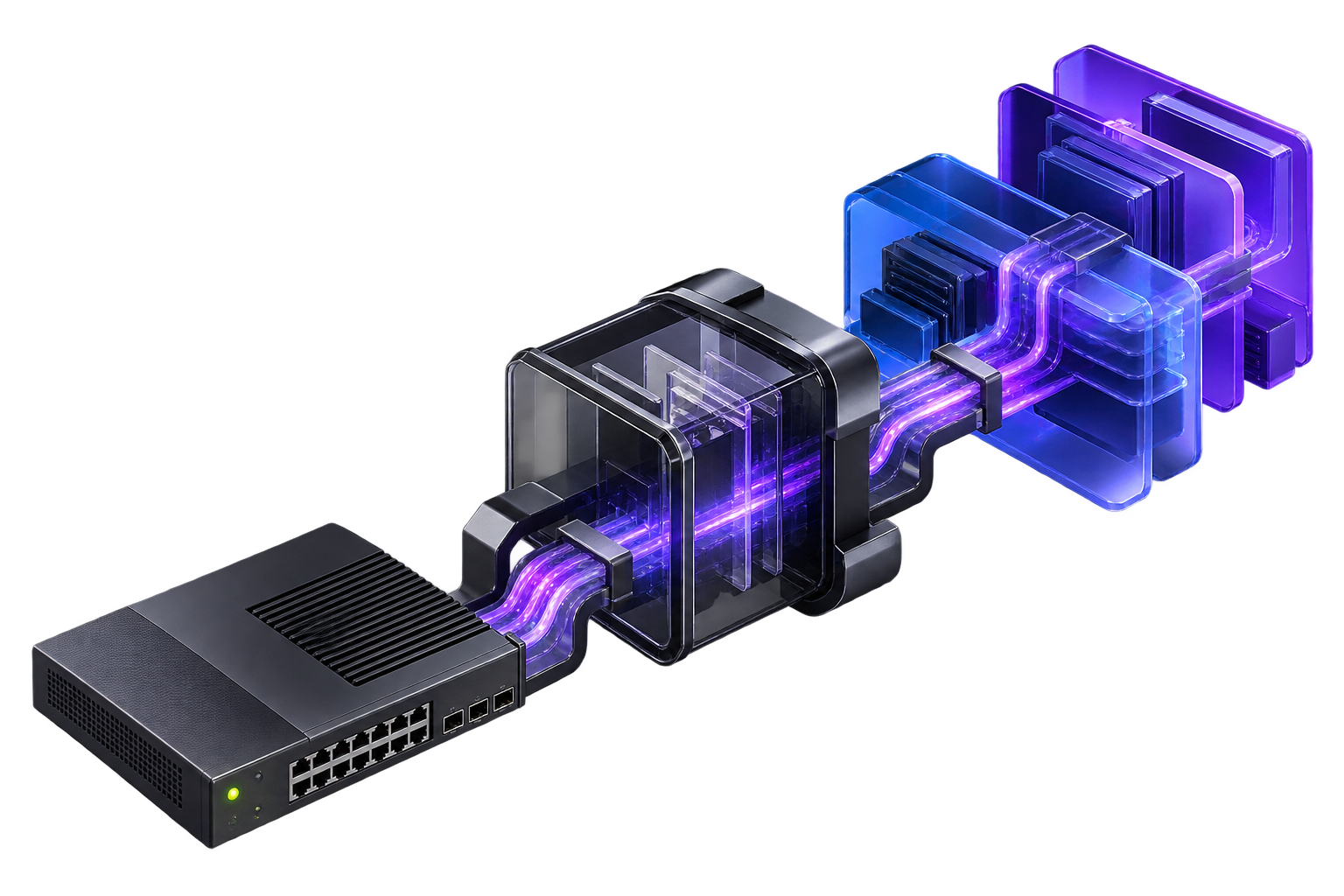 An infrastructure gateway connecting network hardware, secure controls, and cloud compute